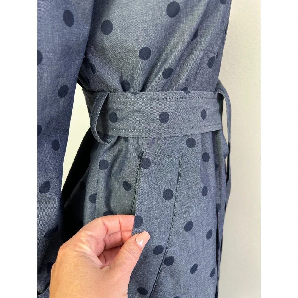 Banana Republic Polka Dot Trench Coat Water Resistant Belt Button Blue XS EUC - Picture 8 of 10